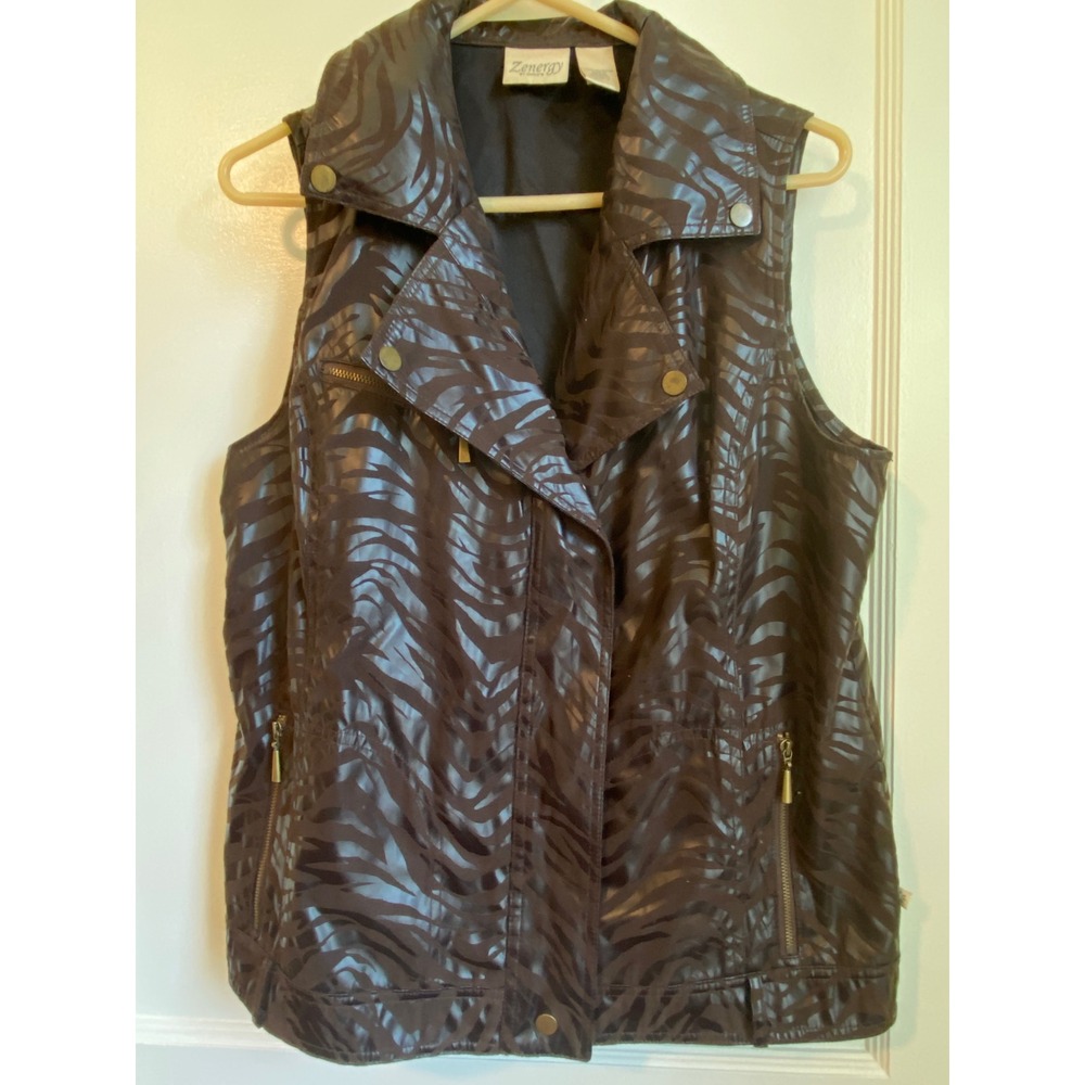 Zenergy by Chicos Brown Zebra Print Moto 25" Vest Sleeveless Jacket Size 2 Large